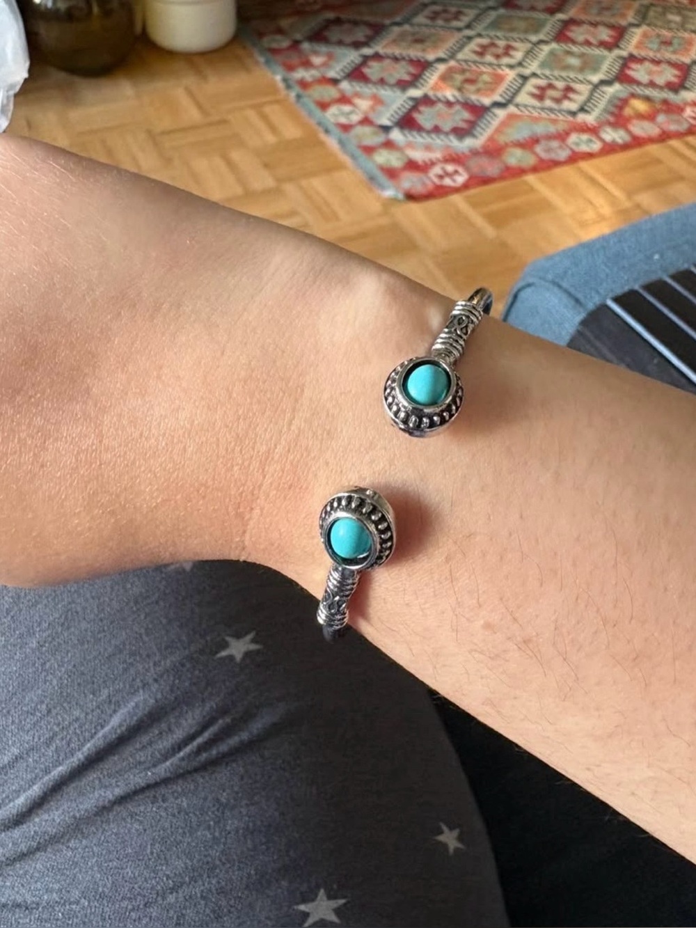 Silver-Tone Cuff Bracelet with Turquoise Cabochons